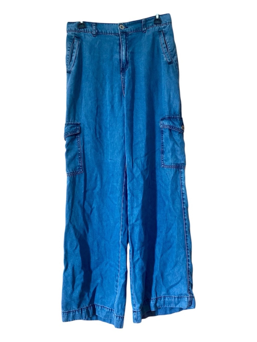 Happily Grey 100% Lyocell Wide Leg Cargo Pants Blue Utility Tencel 28